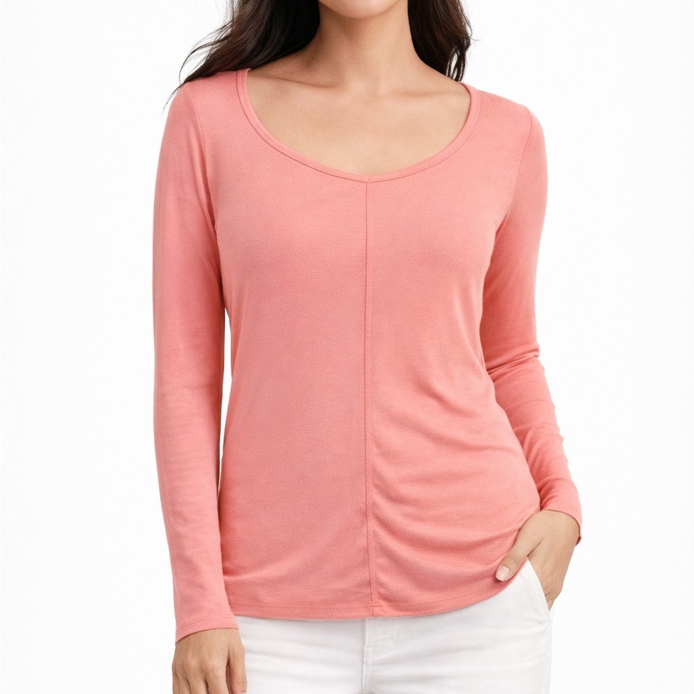 Sparkle & Fade Coral Long Sleeve Tee Medium Soft Scoop Neck Casual Basic Y2K